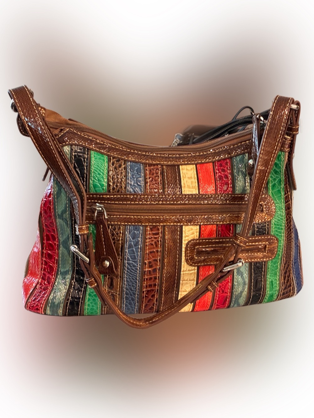 Multi-Color Striped Faux-Crocodile Shoulder Bag - Brown Trim